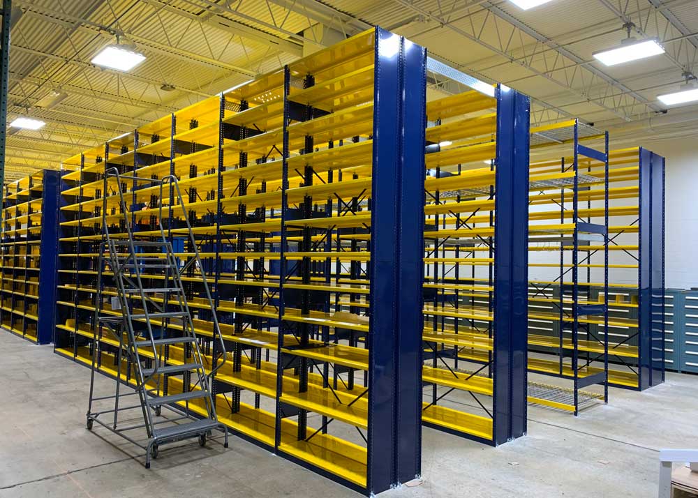 industrial metal shelving blue and yellow